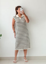 Size M-L Black White Striped Polo Midi Dress