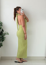 Size S-M Lime Green Halter Neck Ribbed Maxi Dress