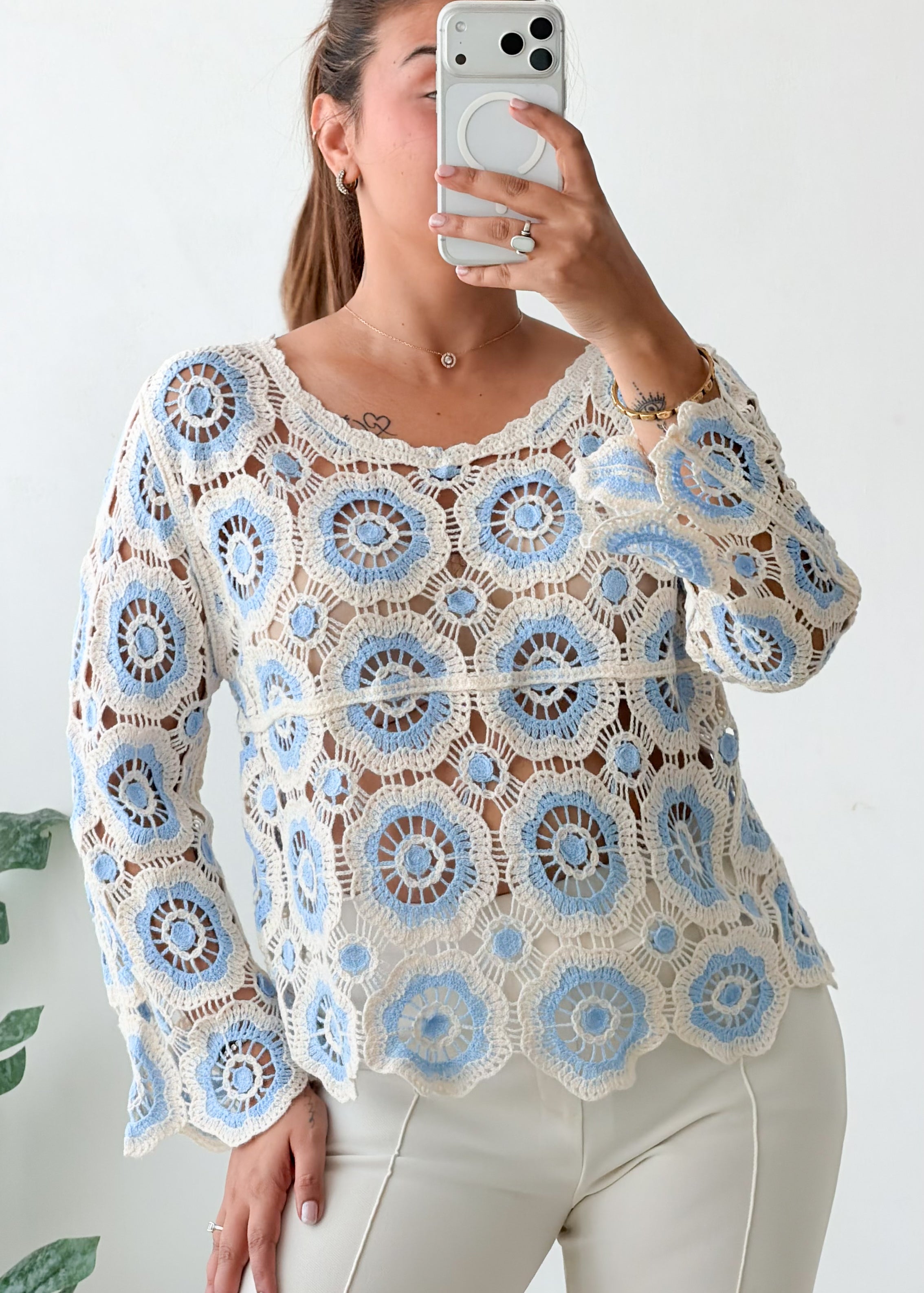 Size M-L White Blue Crochet Top