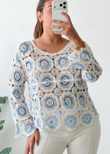 Size M-L White Blue Crochet Top