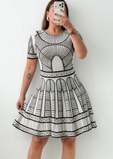 Size S-M White Black Printed Fit & Flare Dress