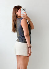 Bust 35, Blue Textured Button-Front Vest Top