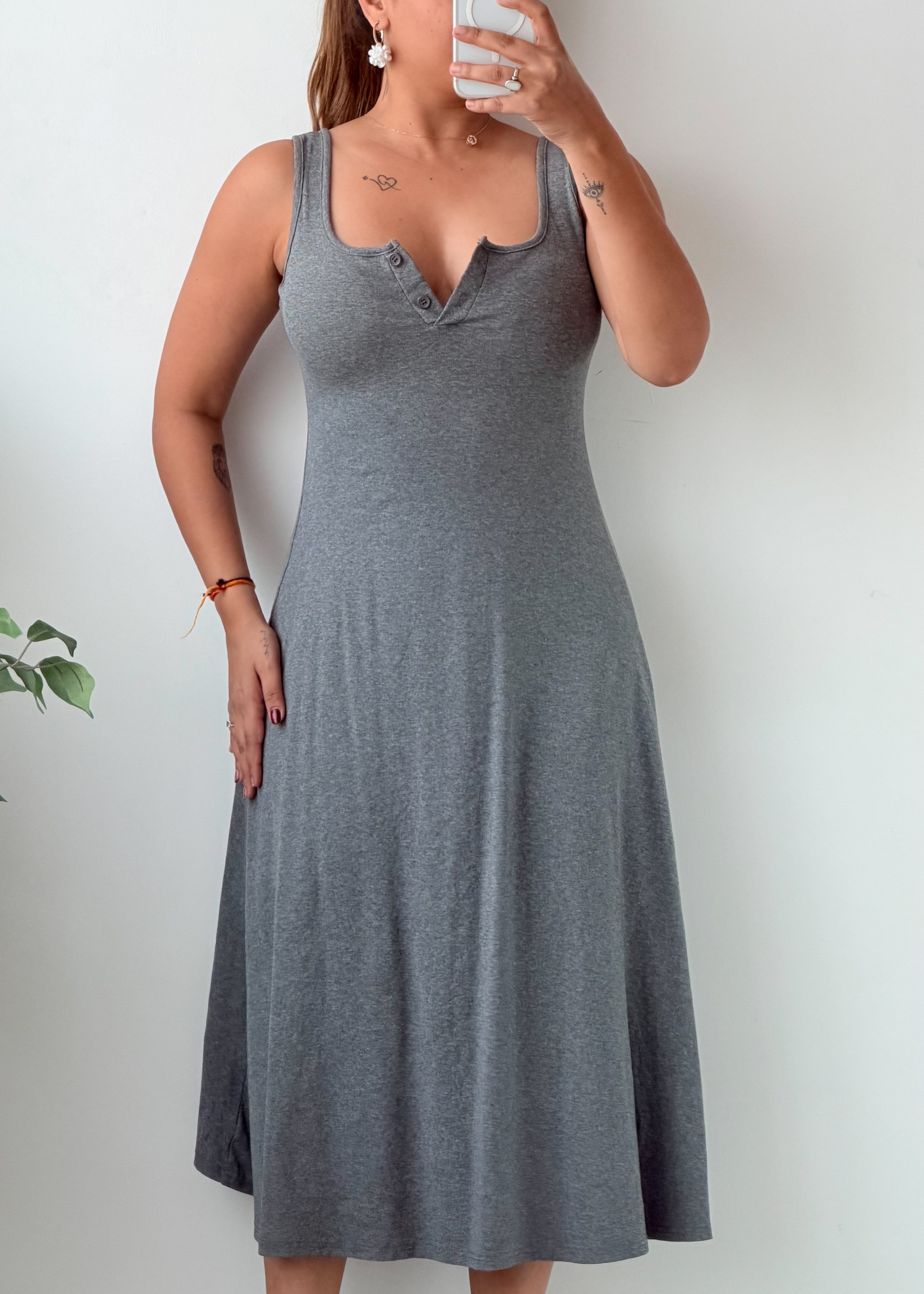 Size S-M Grey Button Front Flared padded Midi Dress