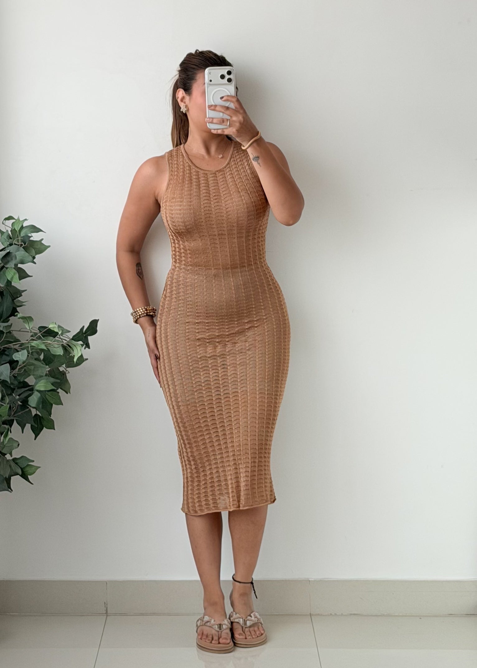 Size XS-S Tan Ribbed Crochet Midi Dress