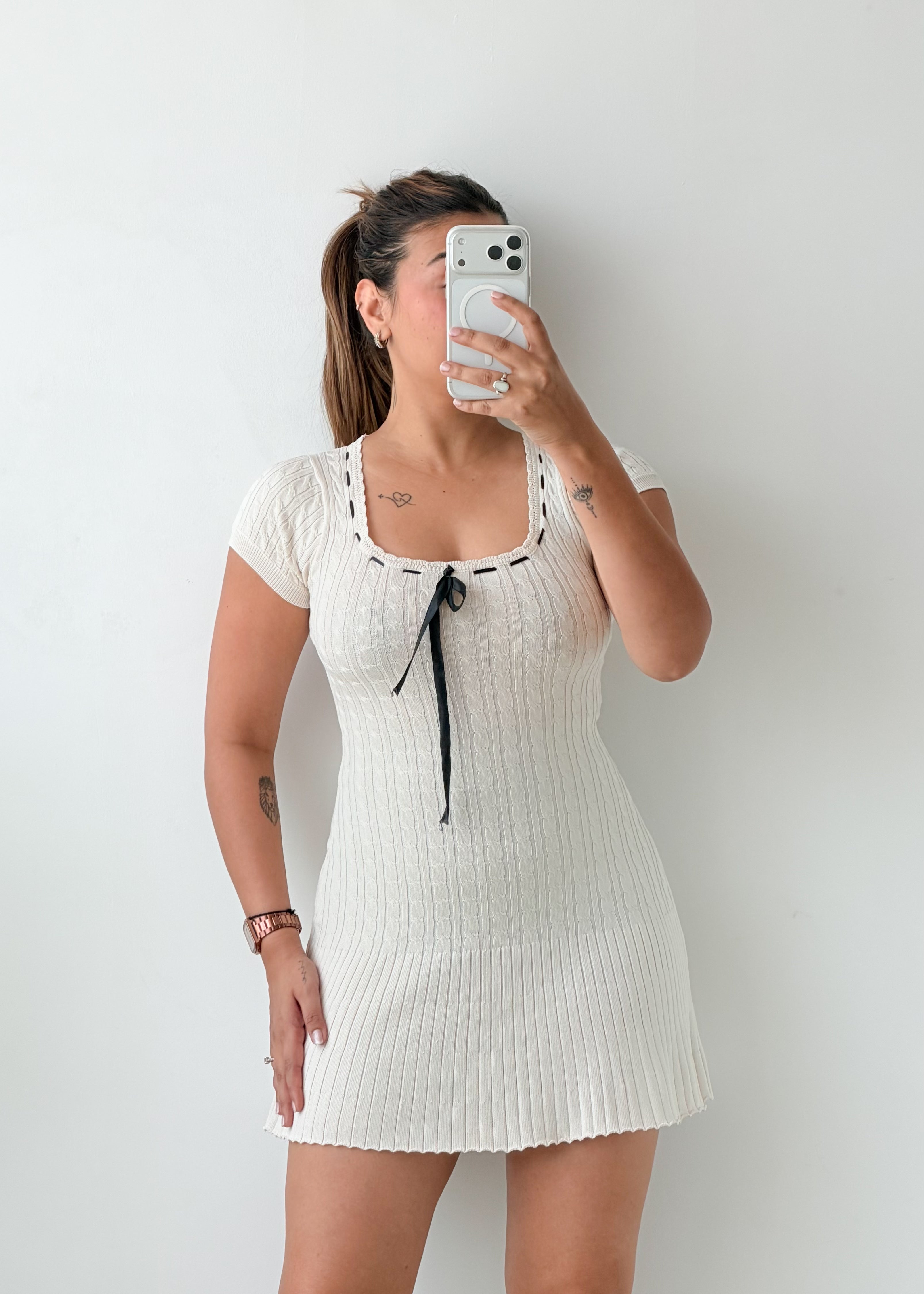 Size XS-S White Ribbed Bow Detail Mini Dress