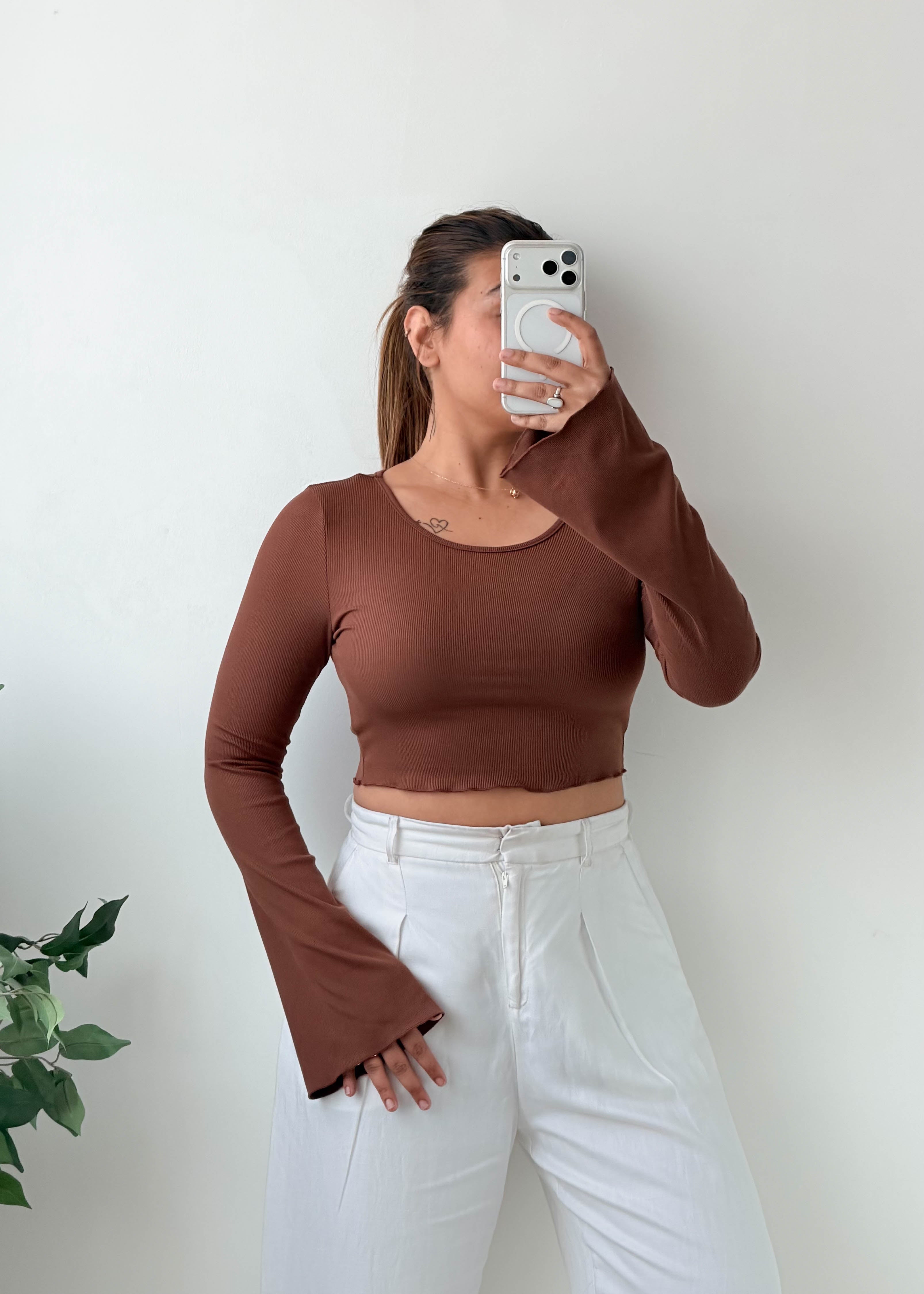 Size S-M Chocolate Brown Scoop Neck Crop Top