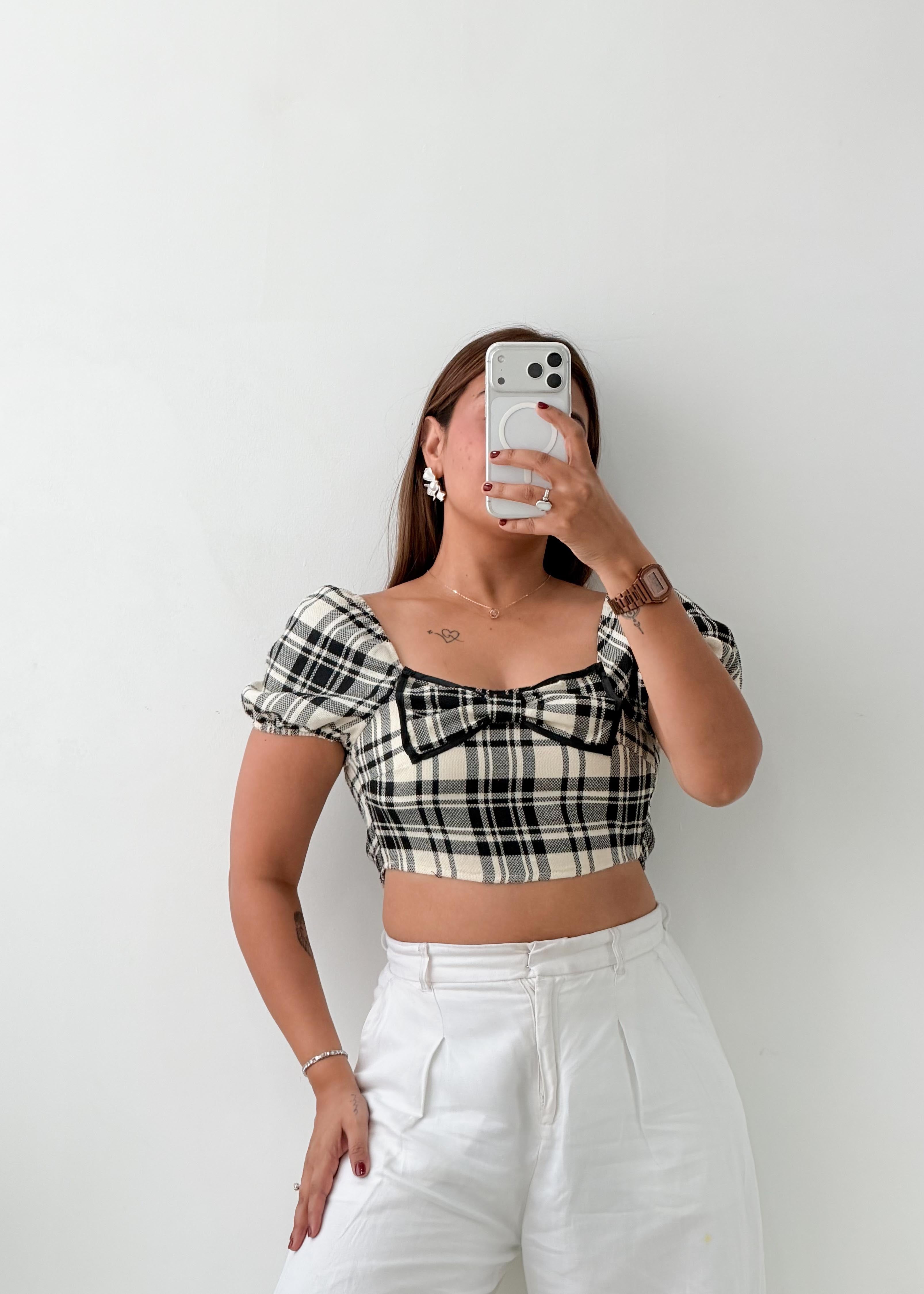 Size XS Black White Plaid Bow Crop Top