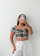 Size XS Black White Plaid Bow Crop Top