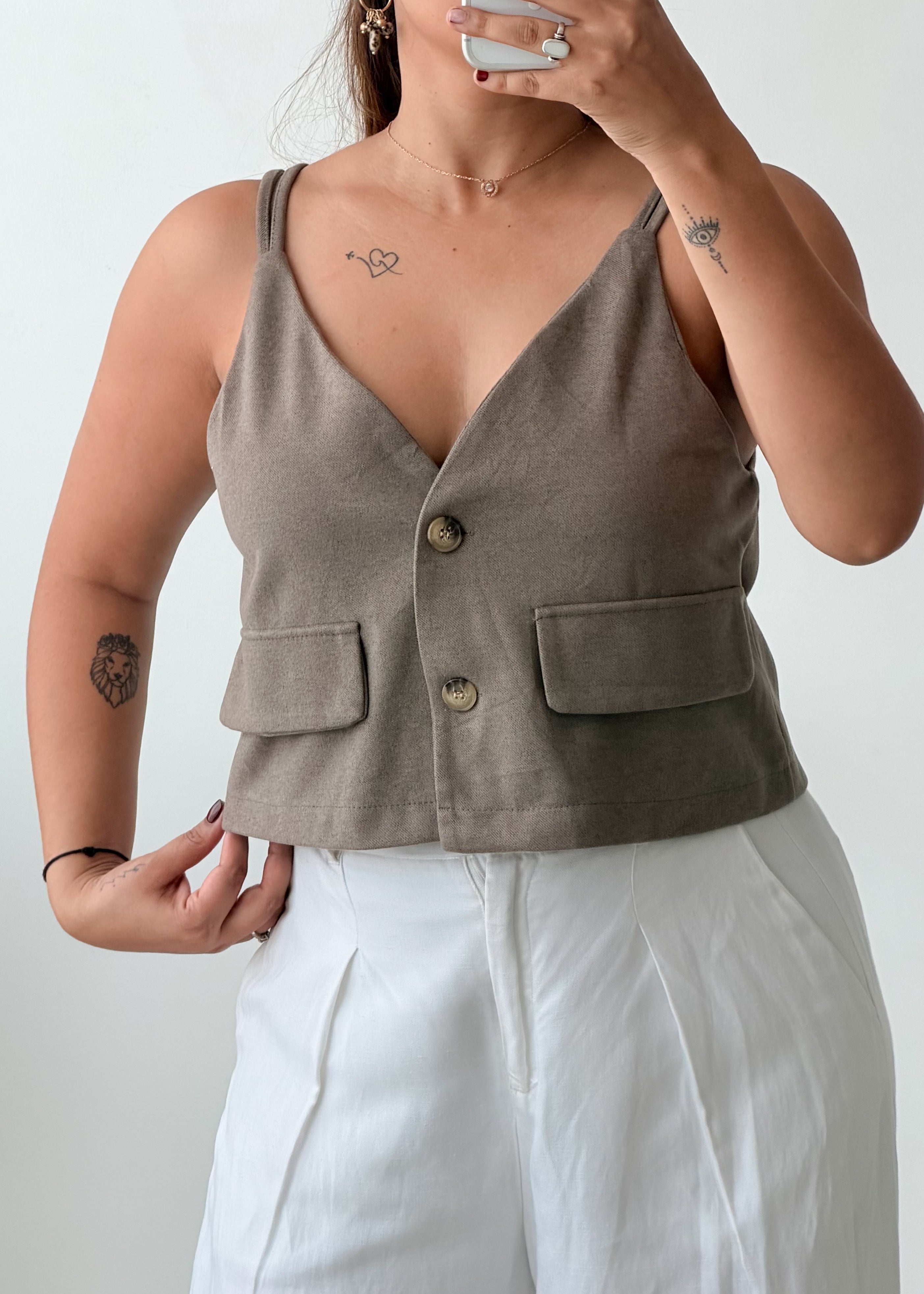 Size S-M Taupe Tailored Button-Front Vest Top