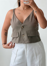 Size S-M Taupe Tailored Button-Front Vest Top