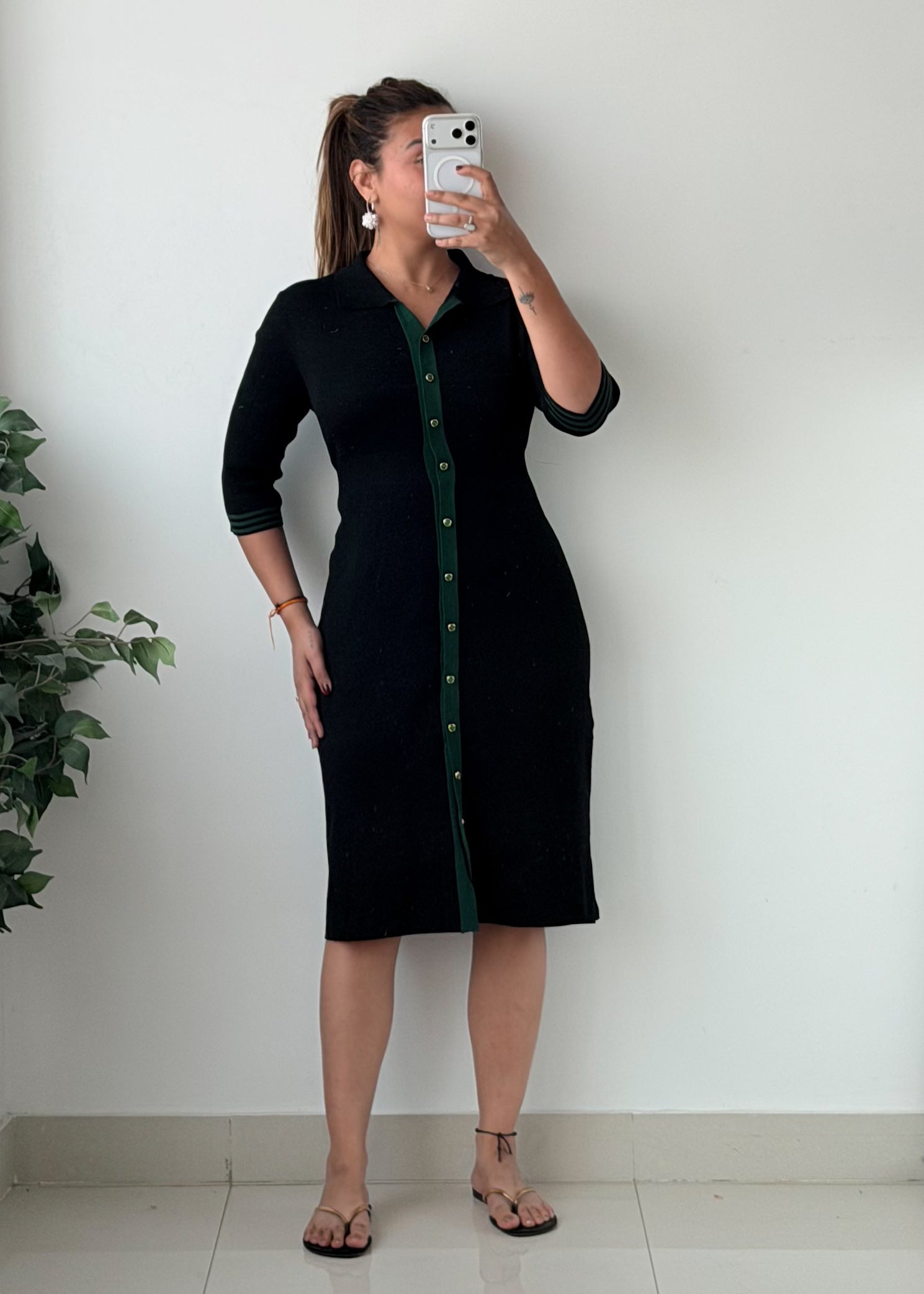 Size M-L Black Green Trim Button Front Bodycon Midi Dress