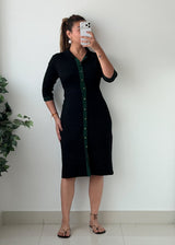 Size M-L Black Green Trim Button Front Bodycon Midi Dress