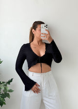 Size S-M Black Tie-Front Ribbed Crop Top