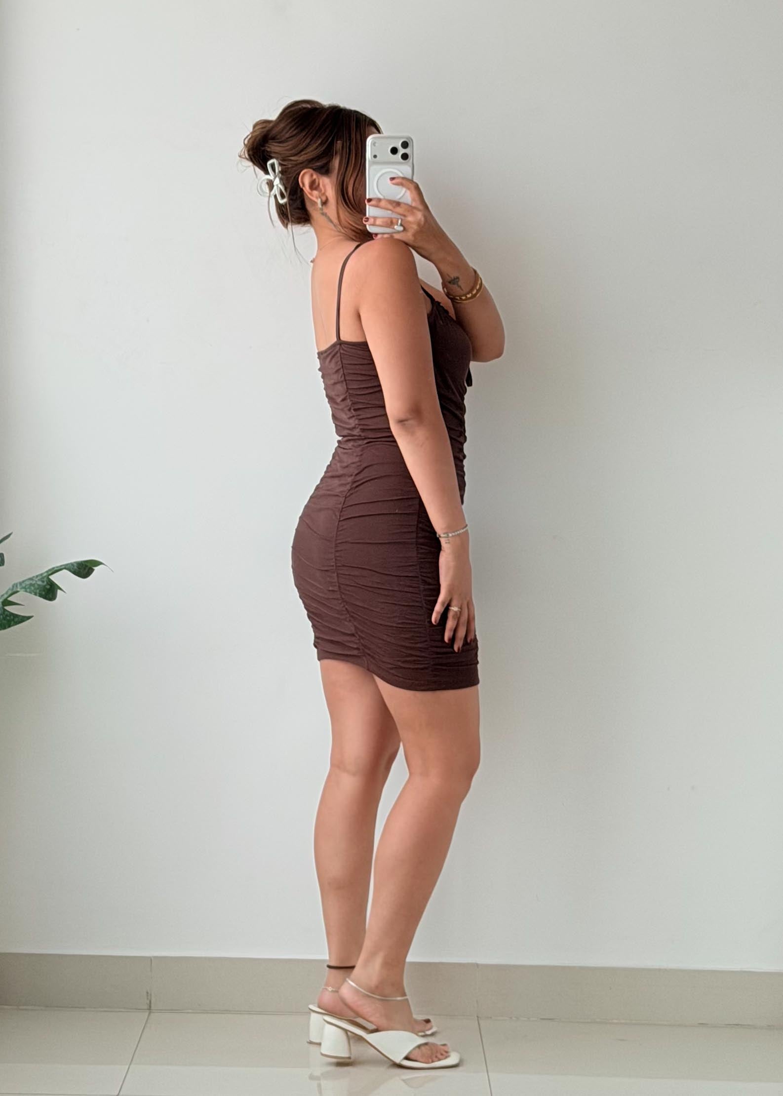 Size S-M Brown Ruched Mini Dress