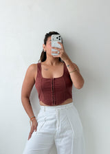 Size S-M Brown Ribbed Button-Front Crop Top