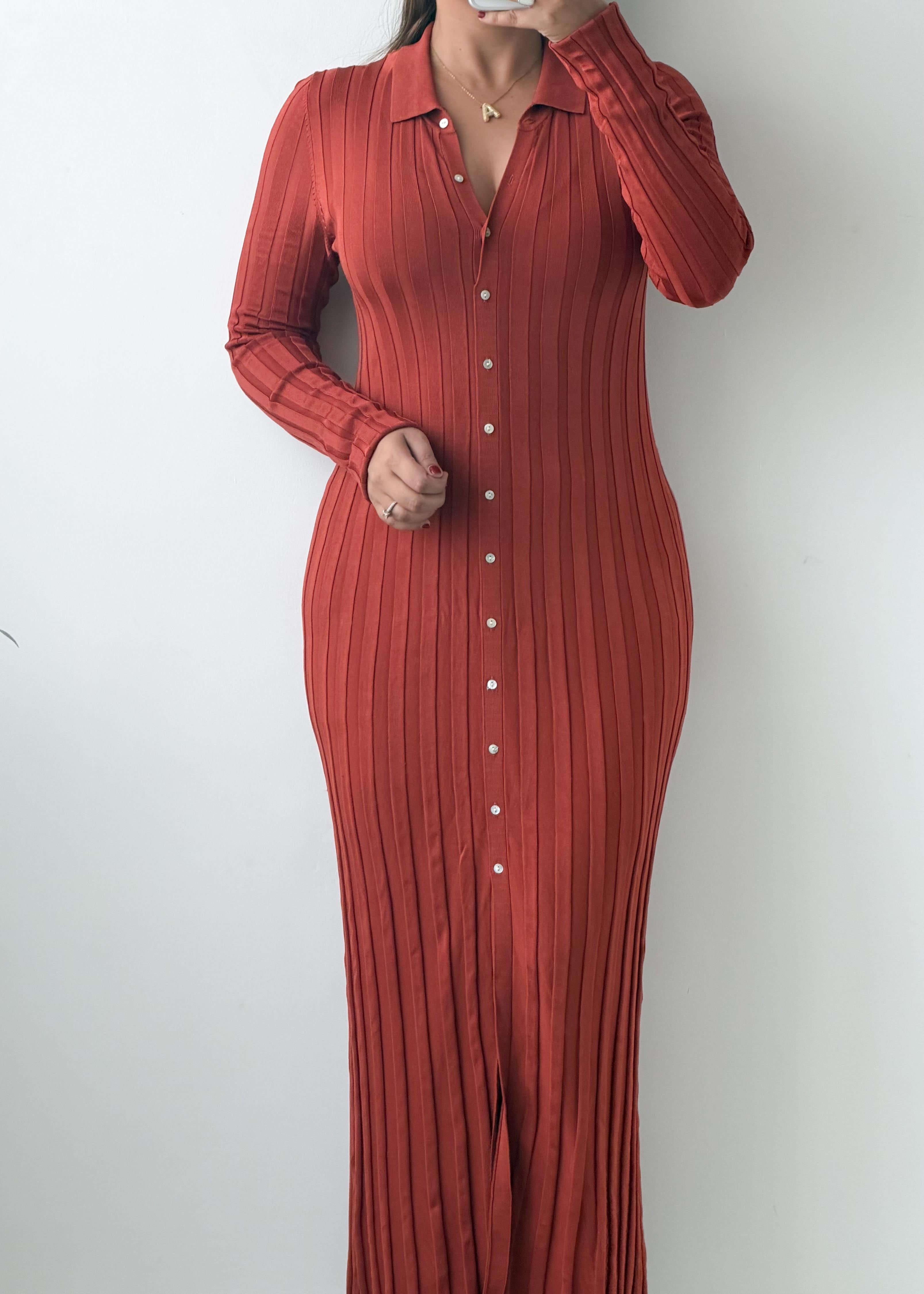 Size S-M Rust Pleated Button-Front Maxi Dress