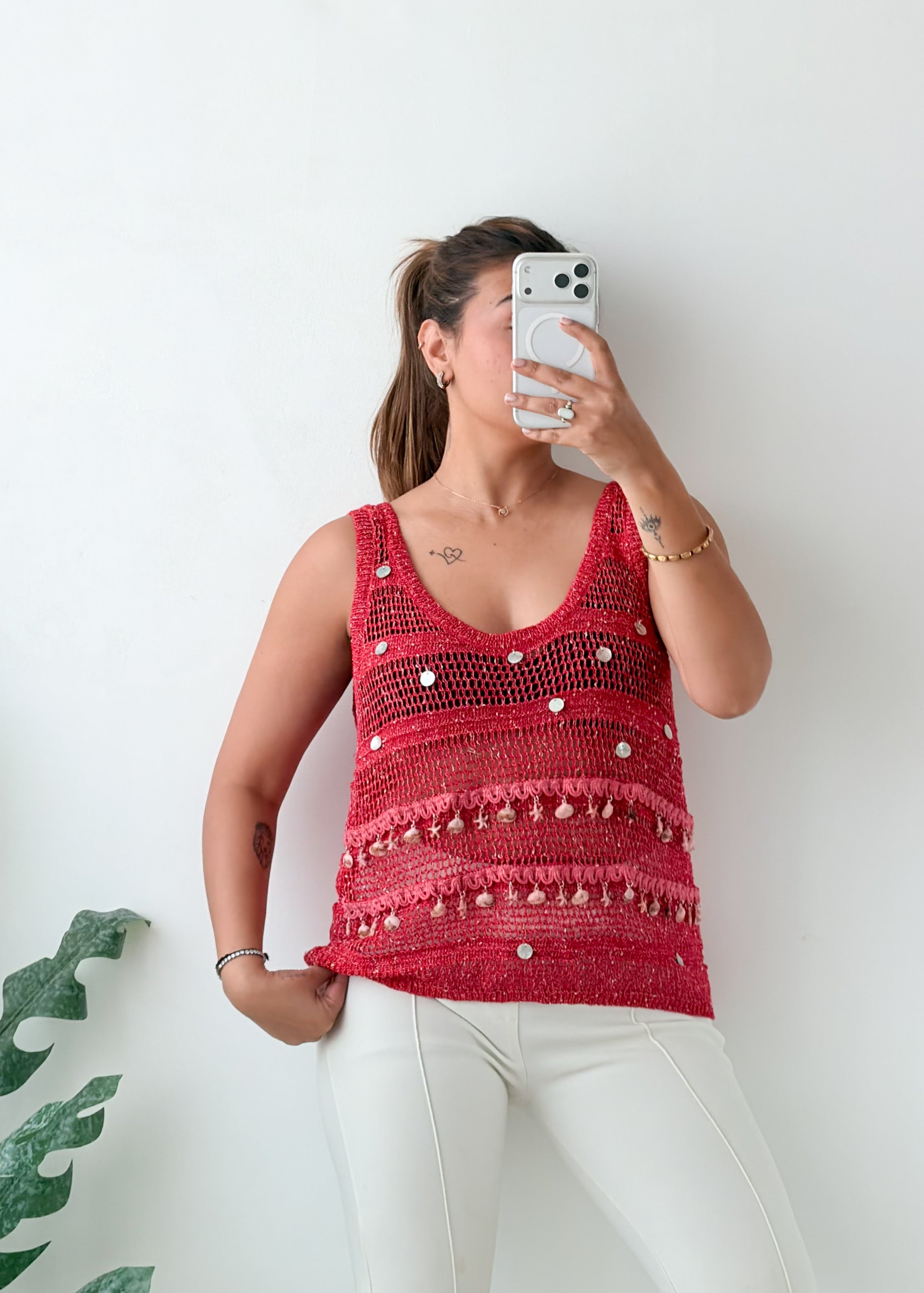 Size L-XL Pink Embellished Crochet Tank Top