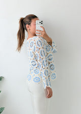 Size M-L White Blue Crochet Top