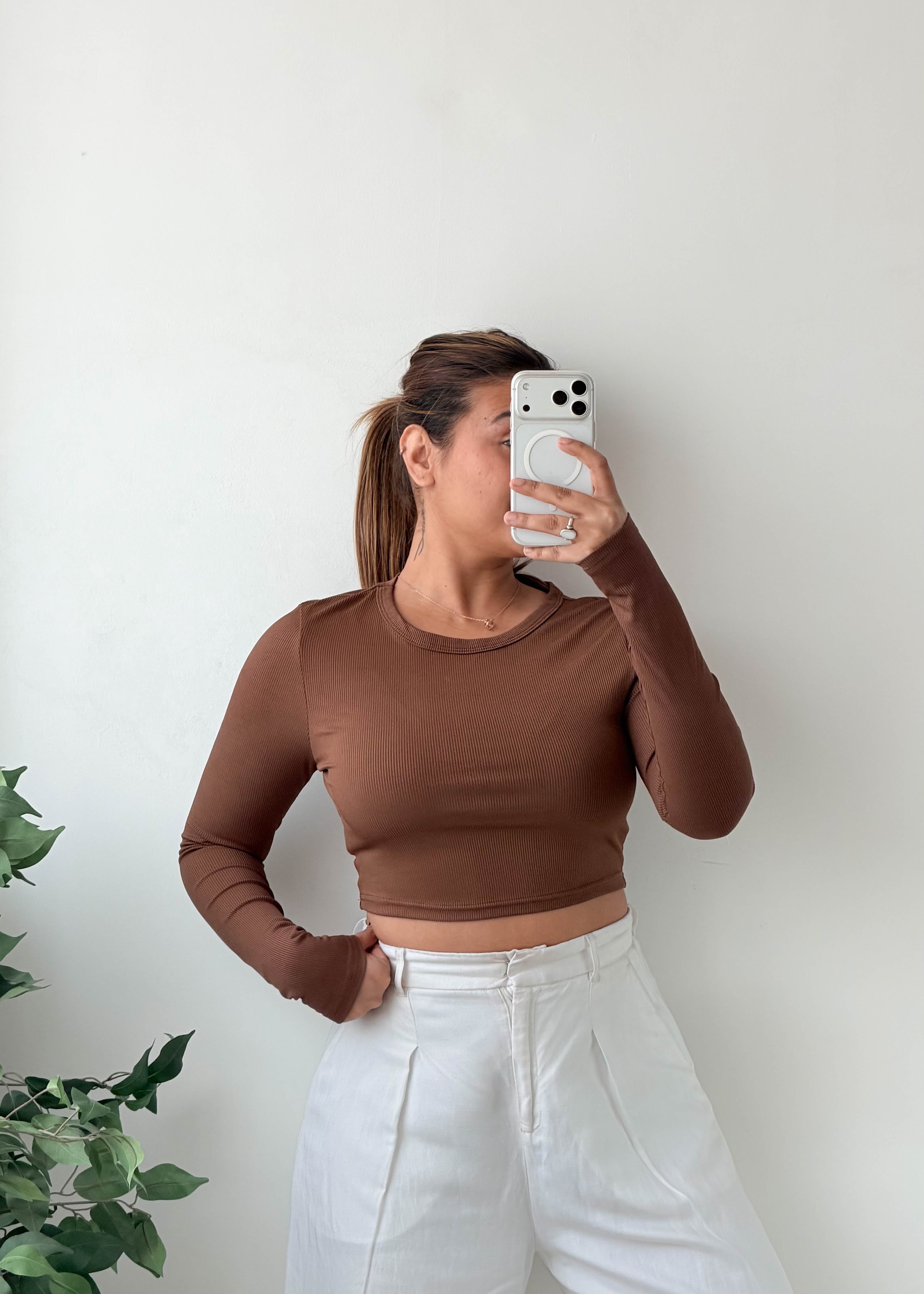 Size S-M Mocha Brown Round Neck Crop Top