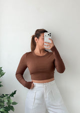 Size S-M Mocha Brown Round Neck Crop Top