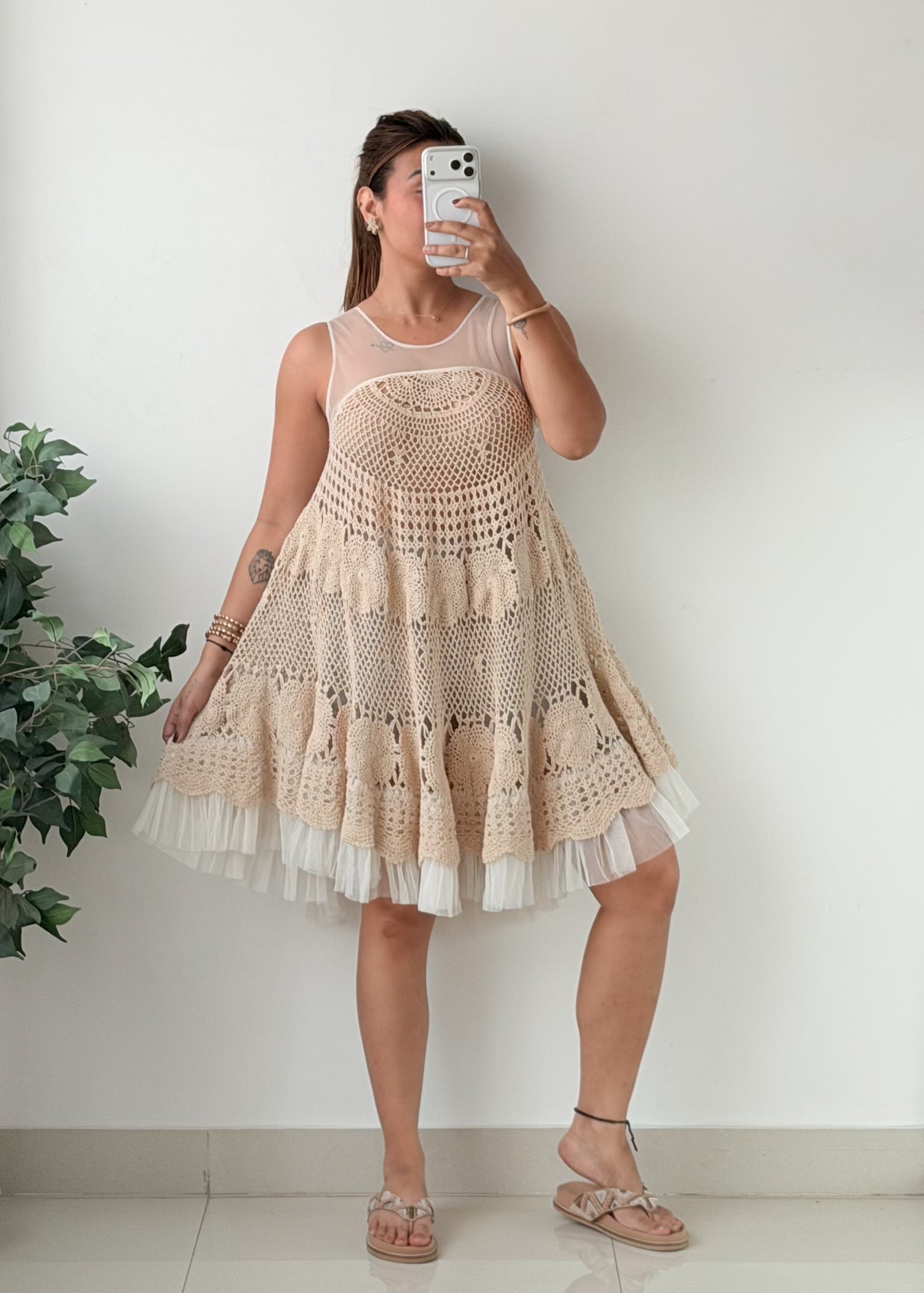 Size S-M Beige Crochet Lace Fit-and-Flare Dress