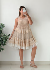 Size S-M Beige Crochet Lace Fit-and-Flare Dress