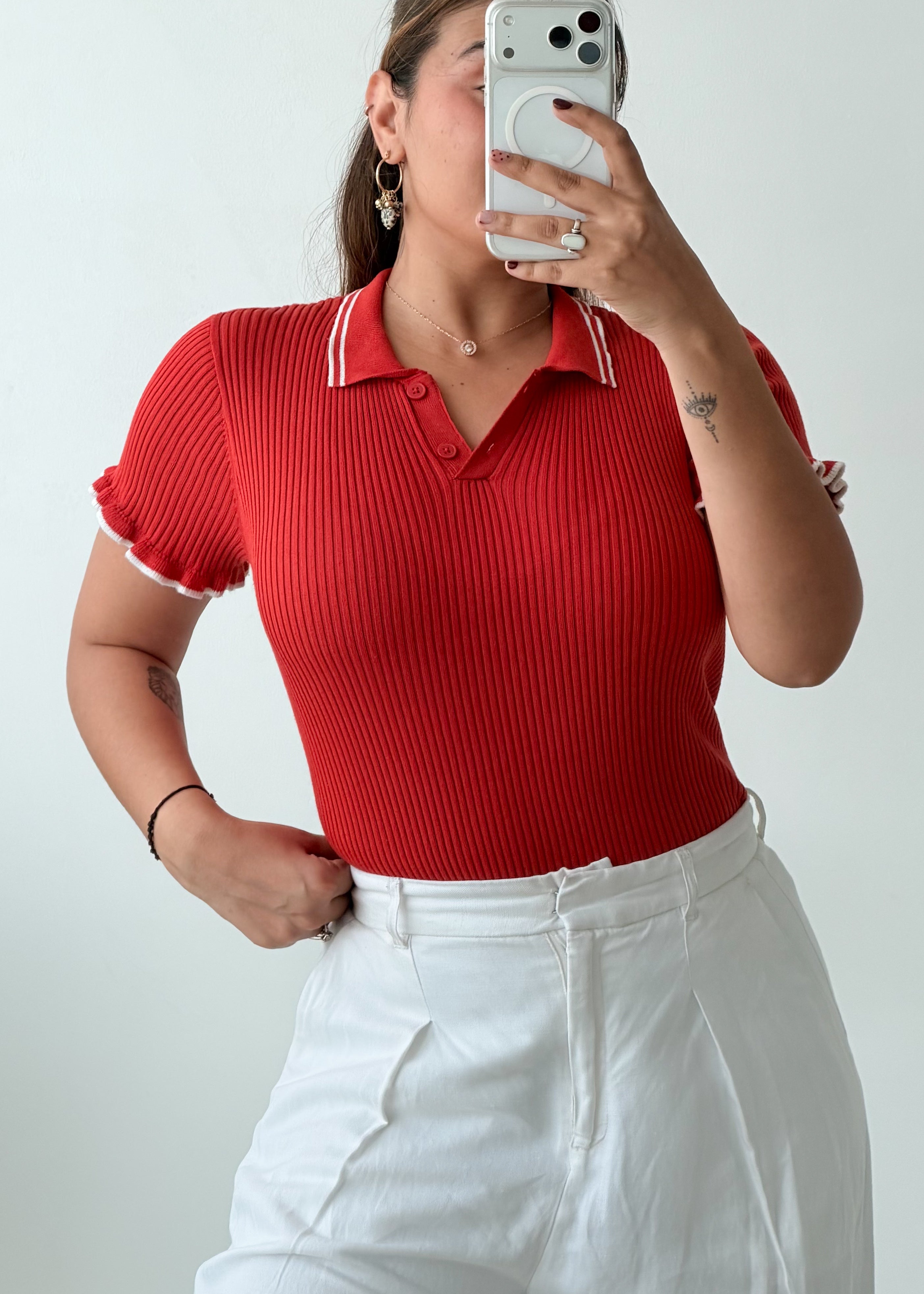 Size L-XL Rust Ribbed Polo Top