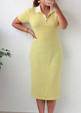 Size S-M Yellow Ribbed Polo Collar Bodycon Midi Dress