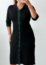 Size M-L Black Green Trim Button Front Bodycon Midi Dress