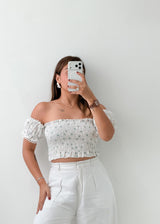 Size XS-S White Off-Shoulder Smocked Crop Top
