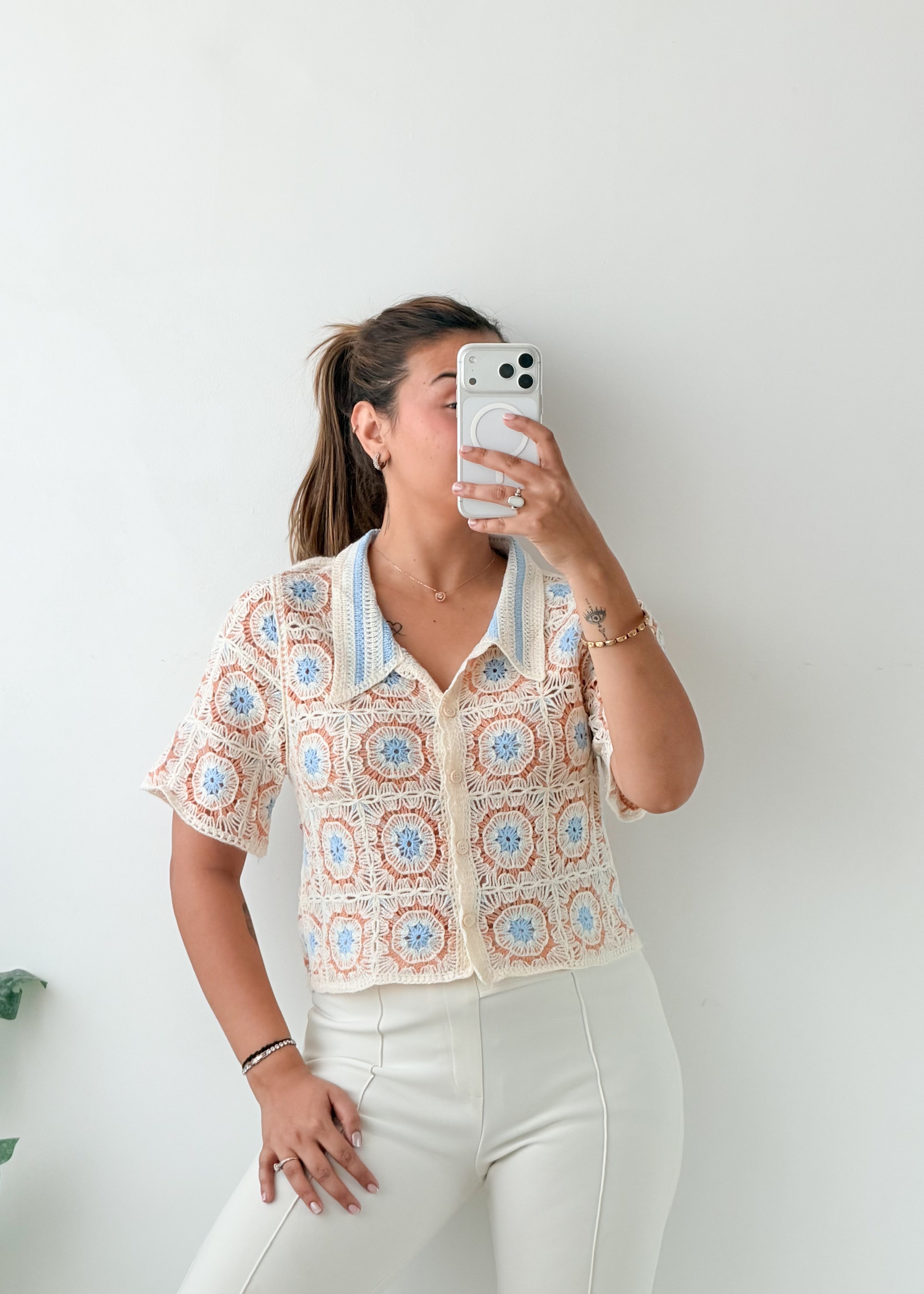 Size S-M White Blue Printed Crochet Shirt Top