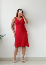 Size S-M Red Ribbed Fit & Flare Midi Dress