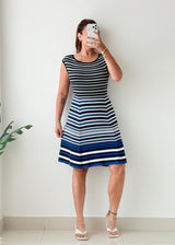 Size M-L Navy White Striped Fit Flare Dress