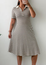 Size M-L Brown White Striped Polo Dress