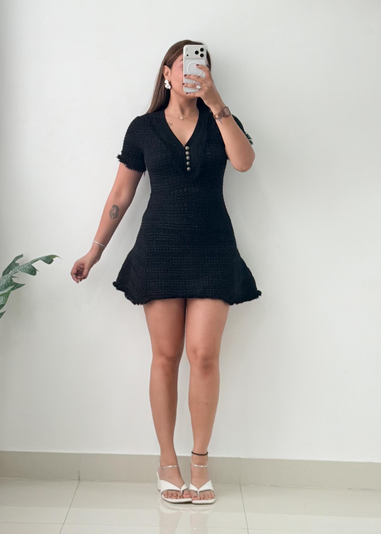 Size XS-S Black Textured Button Front Mini Dress