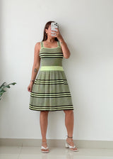 Size S-M Sage Green Striped Fit & Flare Midi Dress