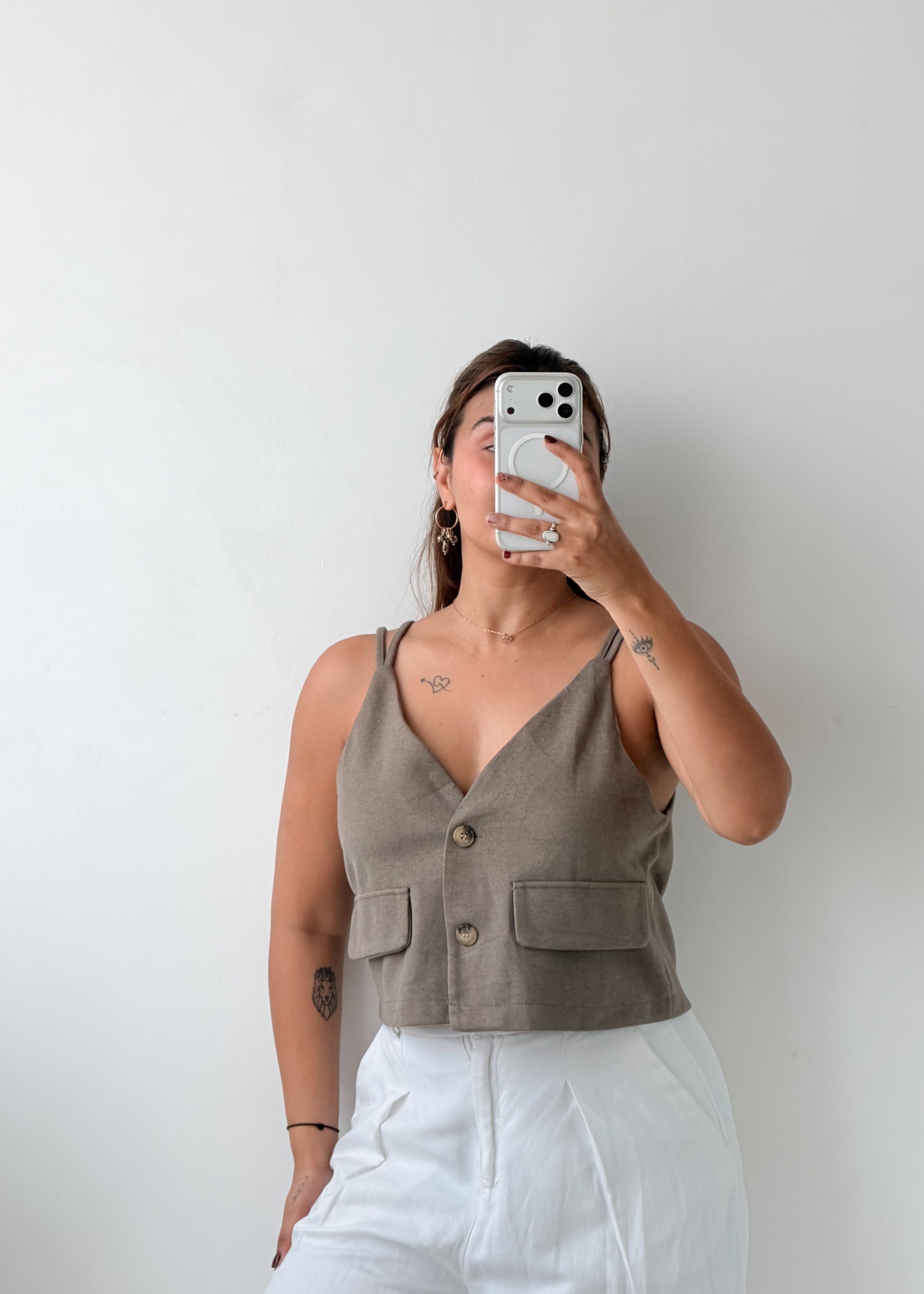 Size S-M Taupe Tailored Button-Front Vest Top
