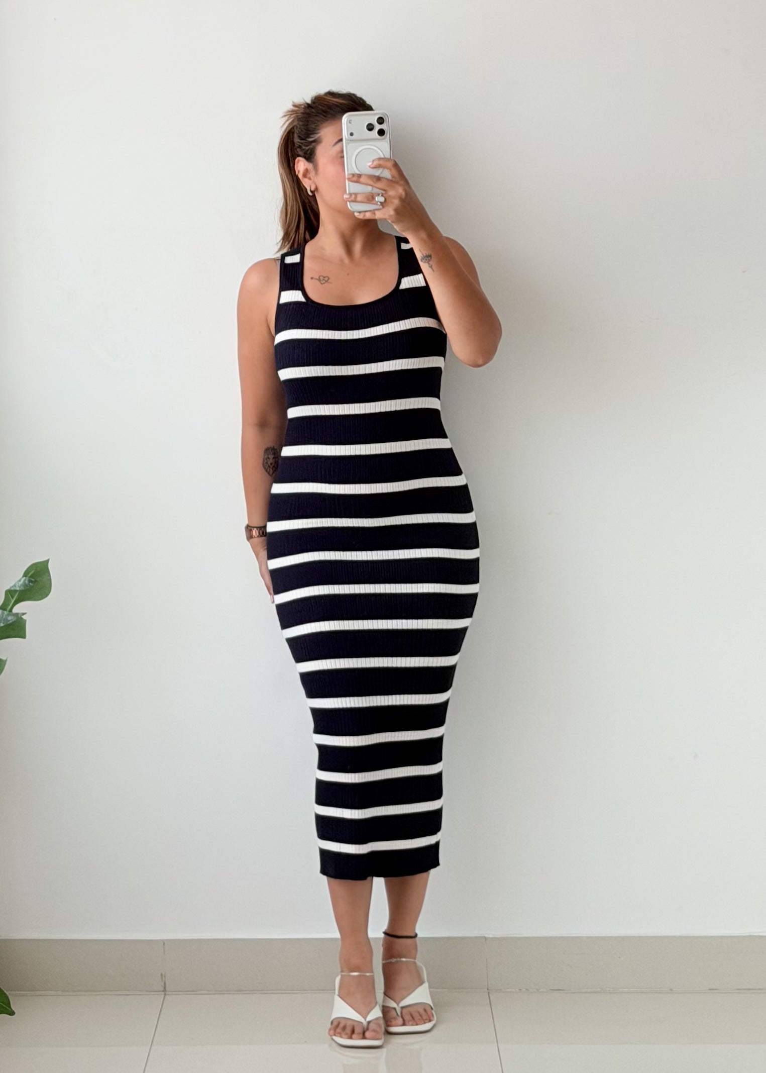 Size XS-S Black White Striped Ribbed Midi Dress