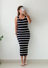 Size XS-S Black White Striped Ribbed Midi Dress