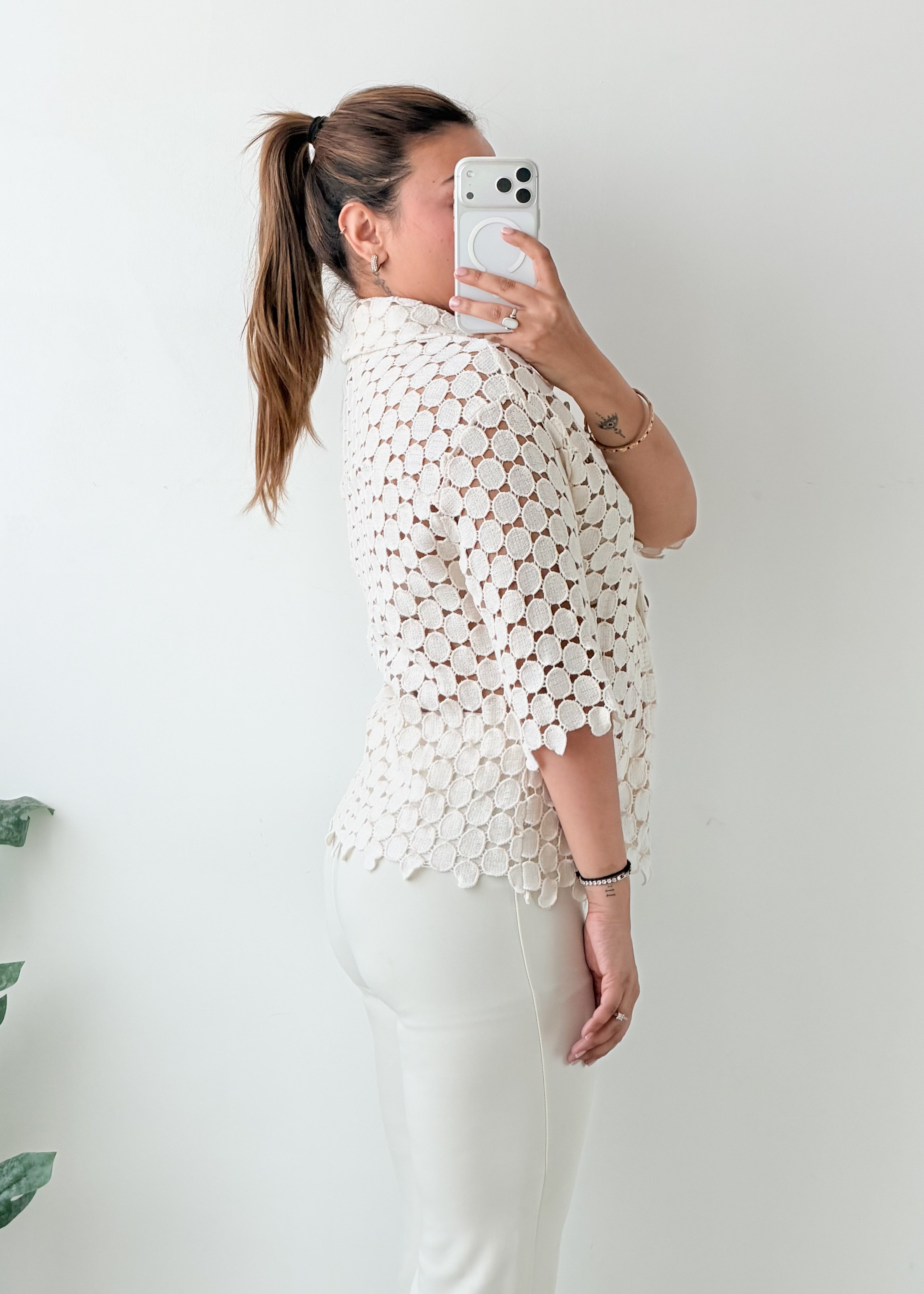 Size S-M White Crochet Button Front Shirt