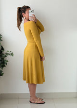 Size S-M Mustard Yellow Twist Front Flared Midi Dress
