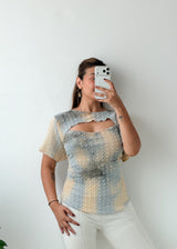 Size L-XXL Blue Cream Textured Cutout Top