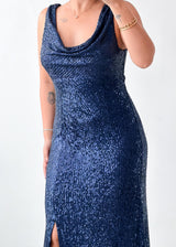 Size M-L Navy Blue Sequin Slit Maxi Dress