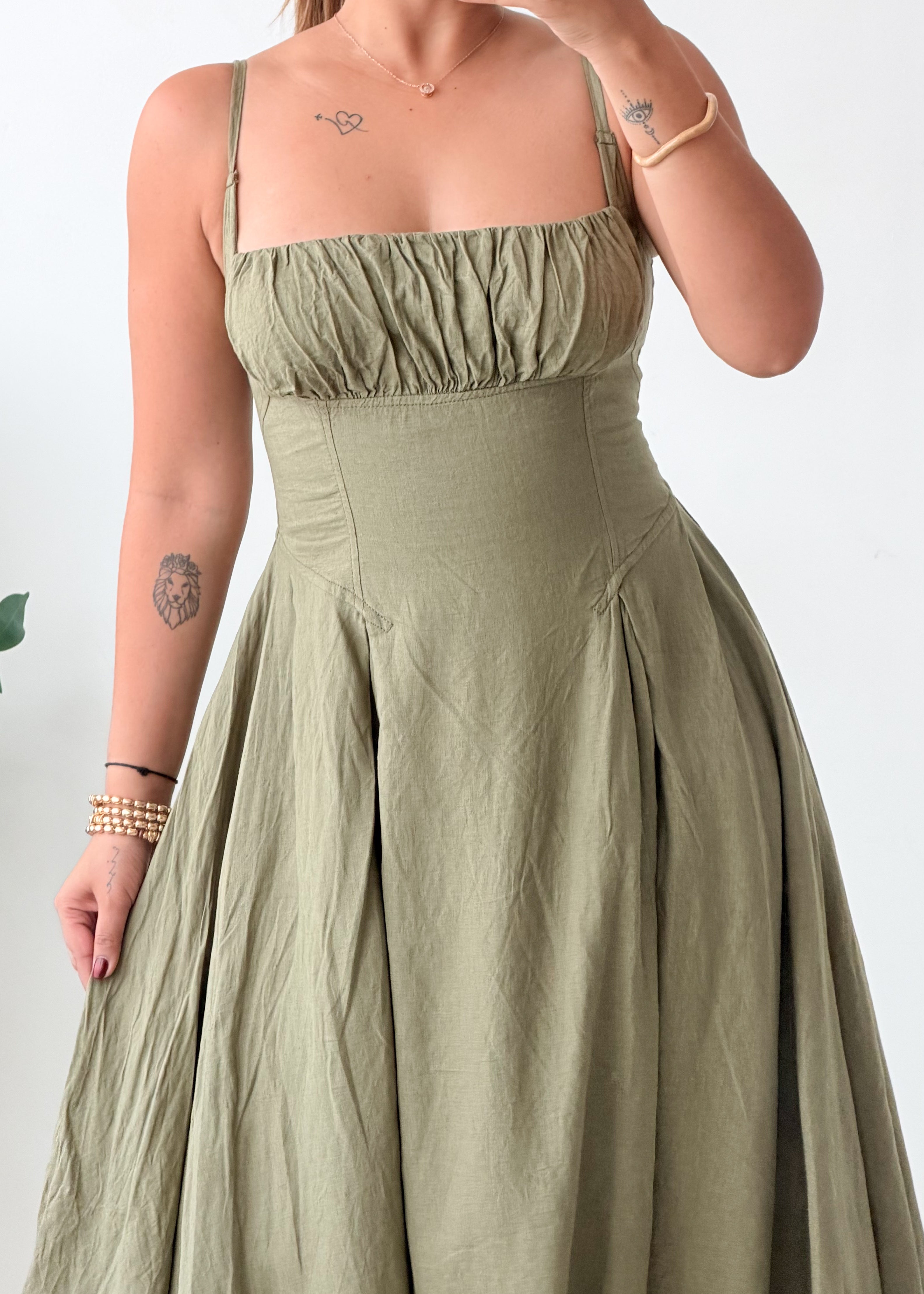 Size S-M Olive Green Pleated Maxi Dress
