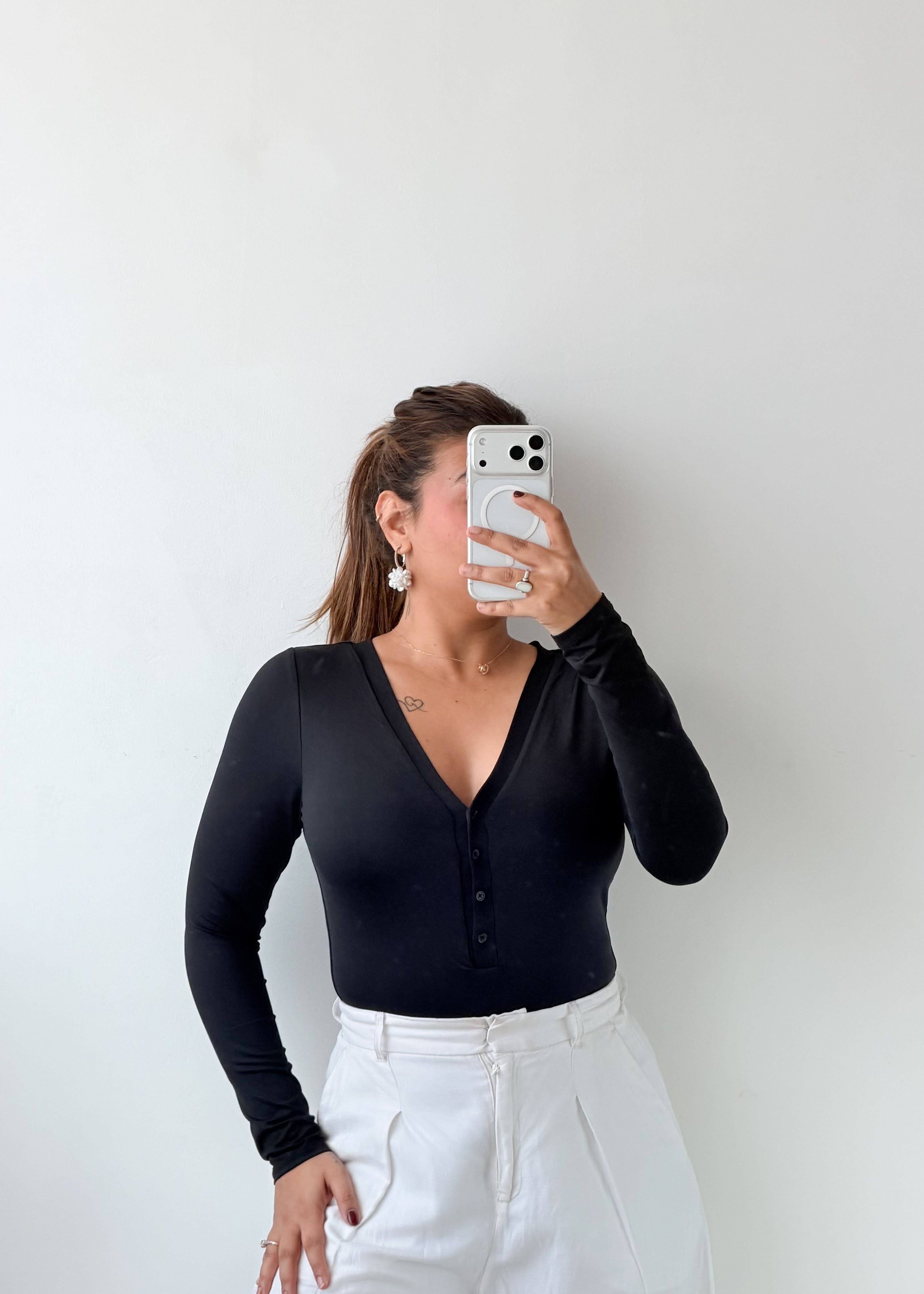 Size XS-S Black Button-Front V-Neck Bodysuit