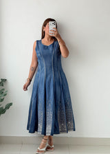 Size M Blue Denim Embroidered Midi Dress
