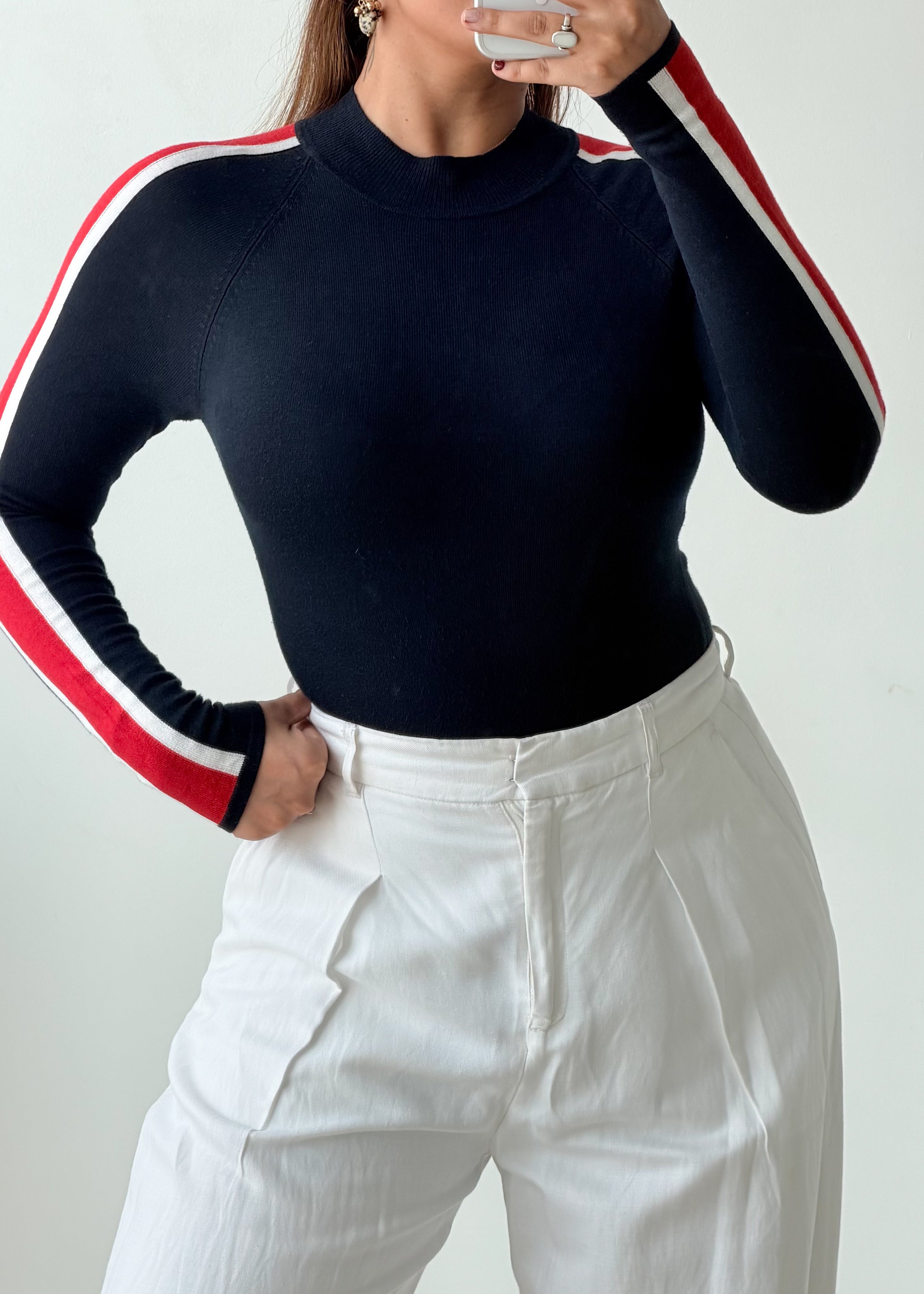 Size S-M Navy Blue Contrast Stripe Top