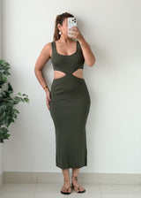 Size S-M Dark Olive Cutout Bodycon Maxi Dress