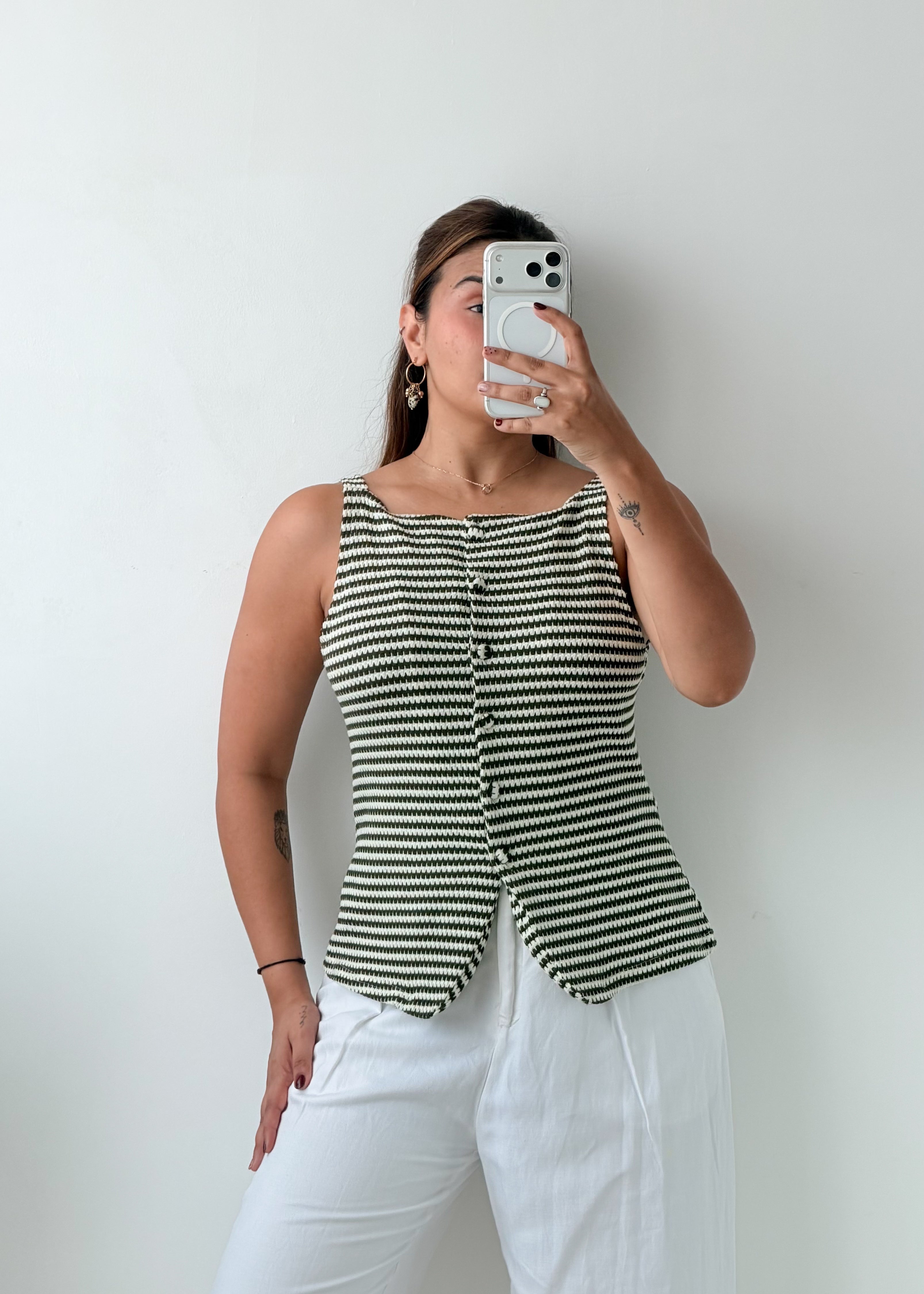 Size S-M Black White Striped Button-Front Top