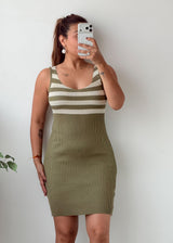 Size S-M Olive Green Striped Bodycon Mini Dress
